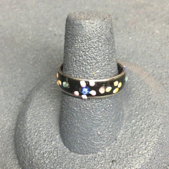 Black Flower Dot Ring Size 7 Silver Pastel Pink Blue Yellow Orange Soft Girl - Picture 1 of 5